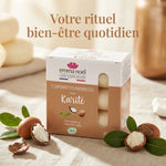 Savonnettes Karité Bio Emma Noël 3x150g avec feuilles vertes et noix de karité sur lin beige