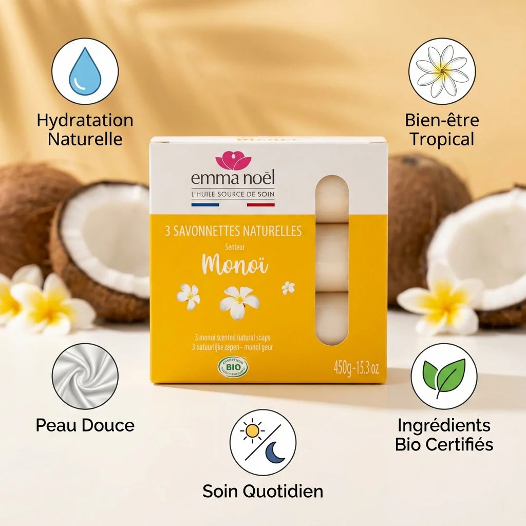 Savonnettes Monoï Bio Emma Noël 3x150g avec bénéfices hydratation et ingrédients certifiés