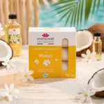 Savonnettes Monoï Bio Emma Noël 3x150g en packaging jaune avec fleurs tiare sur fond tropical