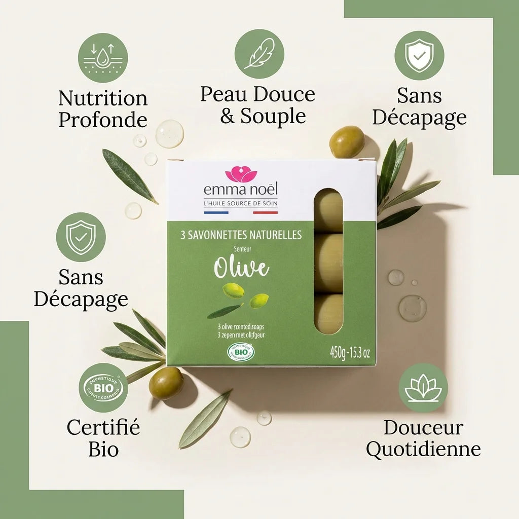 Savonnettes Olive Bio Emma Noël 3x150g avec infographie des 5 bénéfices pour la peau