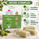 Savonnettes olive bio Emma Noël 3x150g avec guide d'utilisation et instructions de lavage