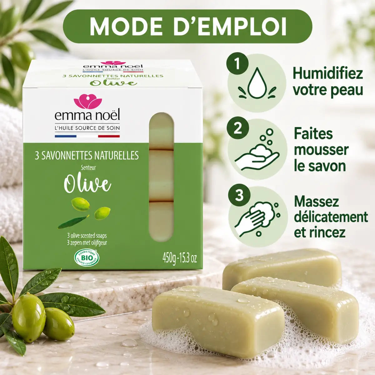 Savonnettes olive bio Emma Noël 3x150g avec guide d'utilisation et instructions de lavage