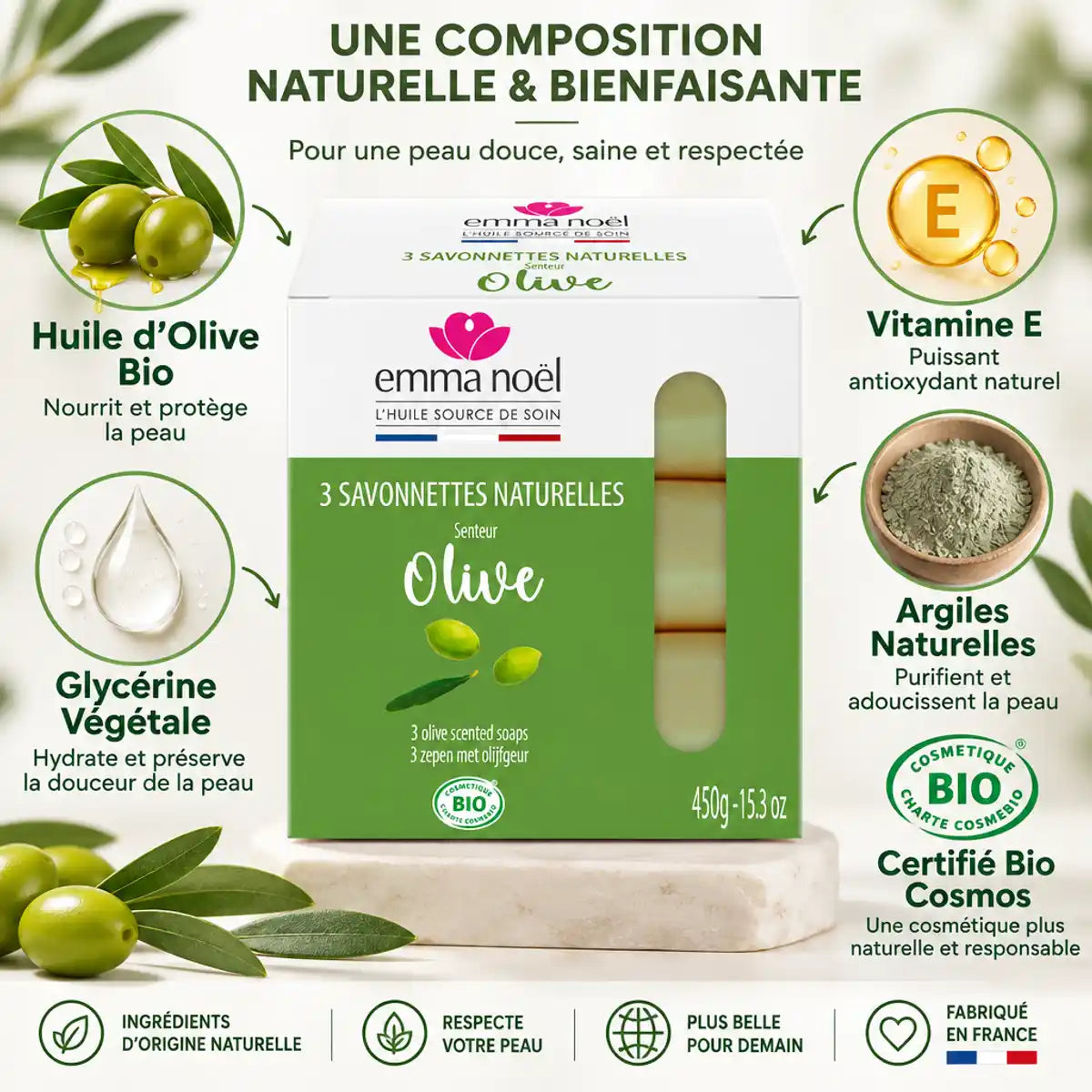 Savonnettes olive bio Emma Noël 3x150g avec ingrédients naturels et certification cosmétique