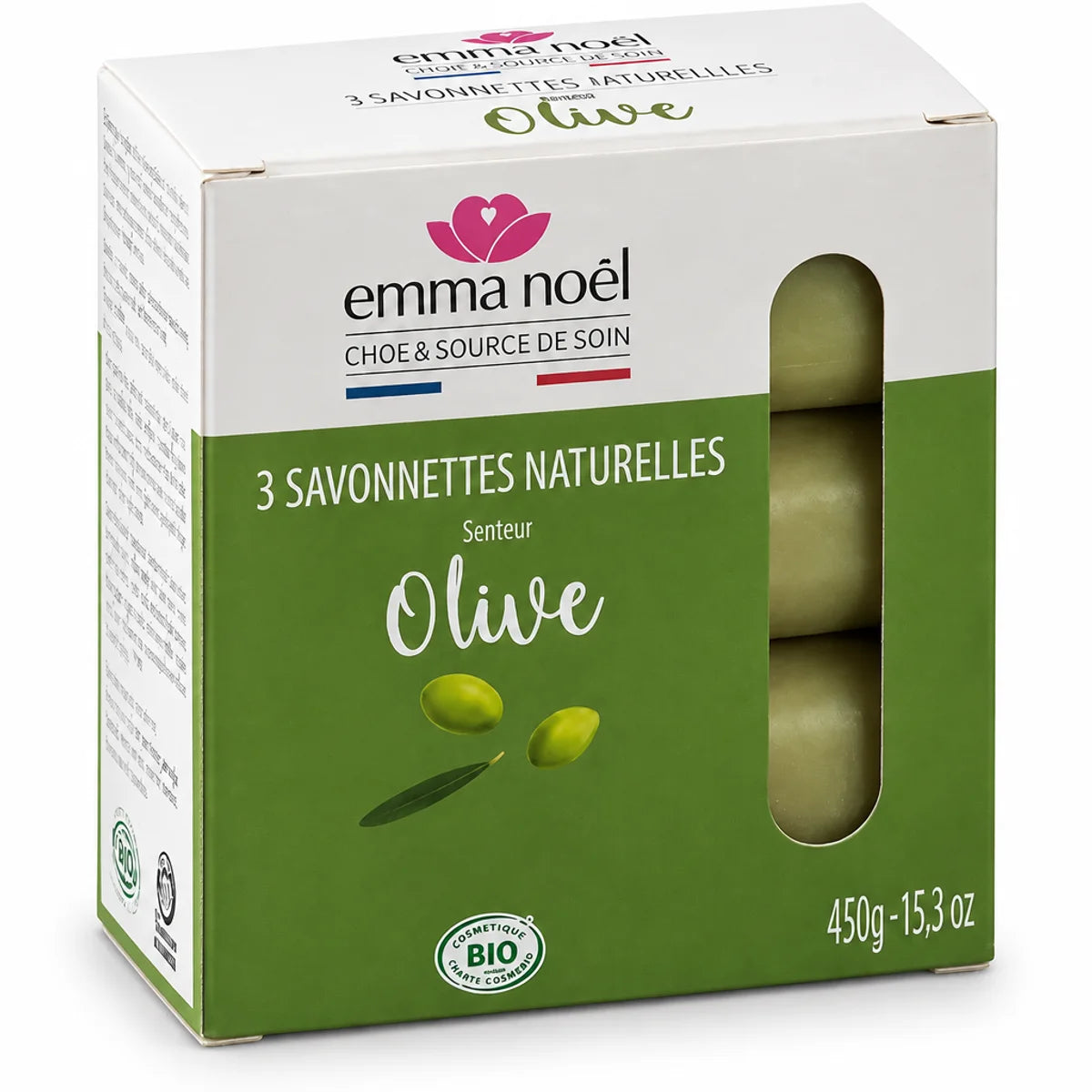 Savonnettes Olive Bio Emma Noël 3x150g - coffret avec trois barres de savon beige naturel