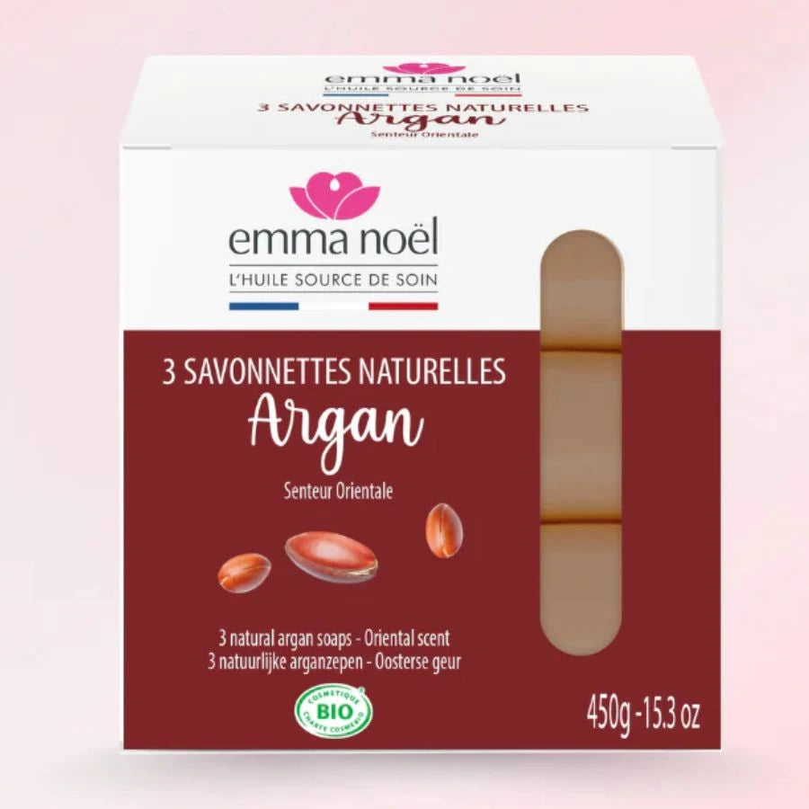 Savonnettes senteur Argan de la marque Emma Noël sur fond rose. 