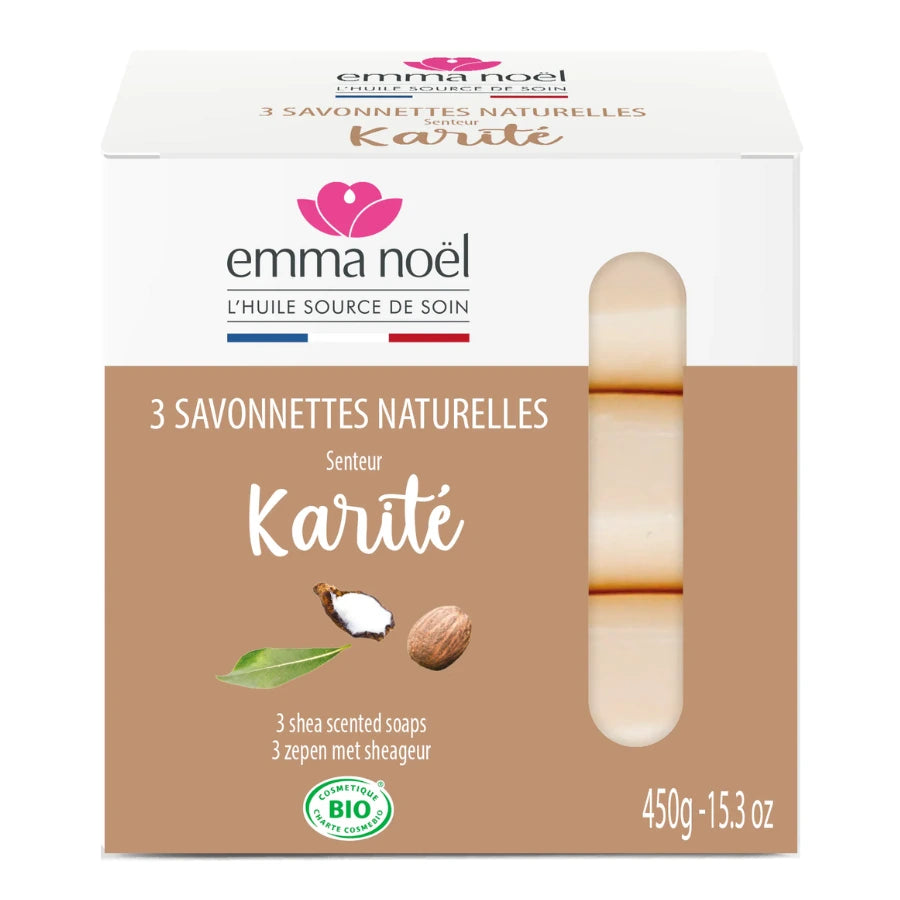 Savonnettes senteur Karité Bio d'un format de 3 x 150 g de la marque Emma Noël.