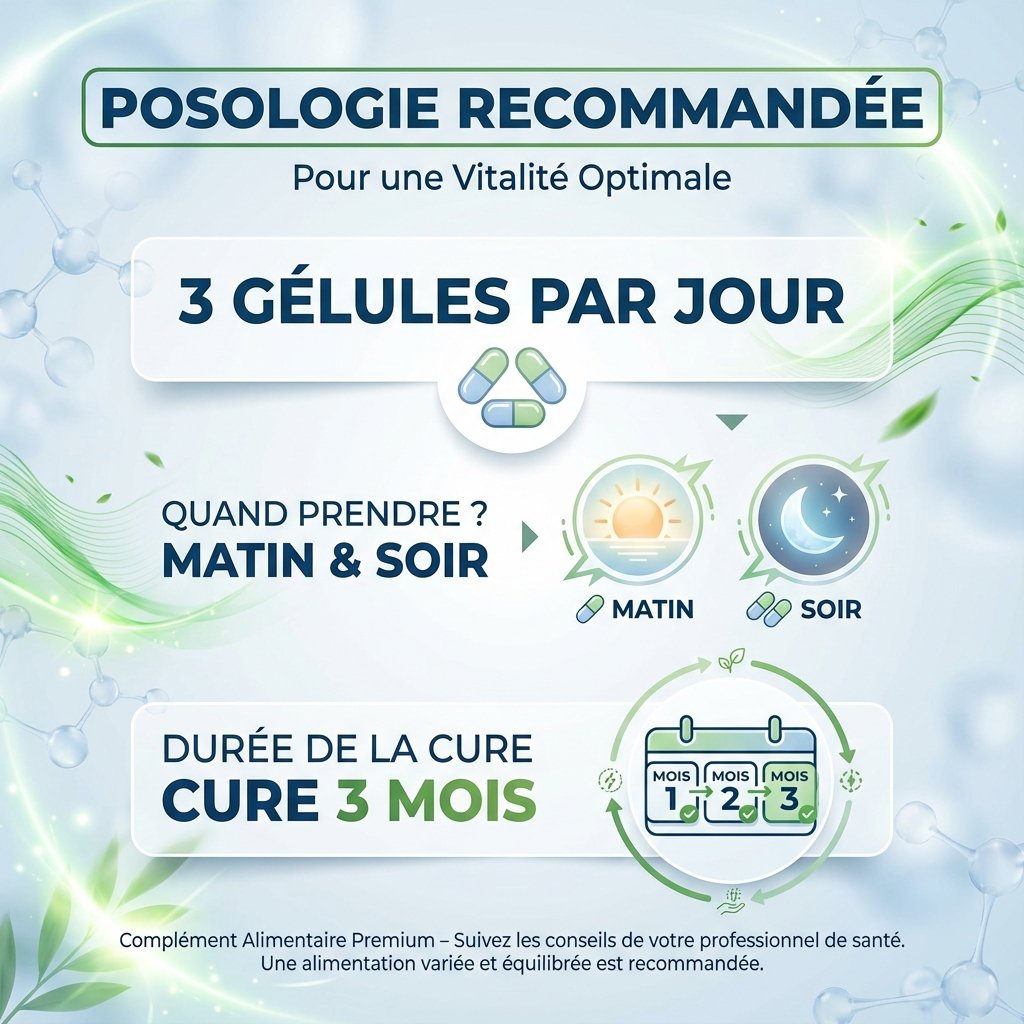 Infographie posologie Seconde Jeunesse 90 gélules - 3 par jour, cure 3 mois, vitality supplement