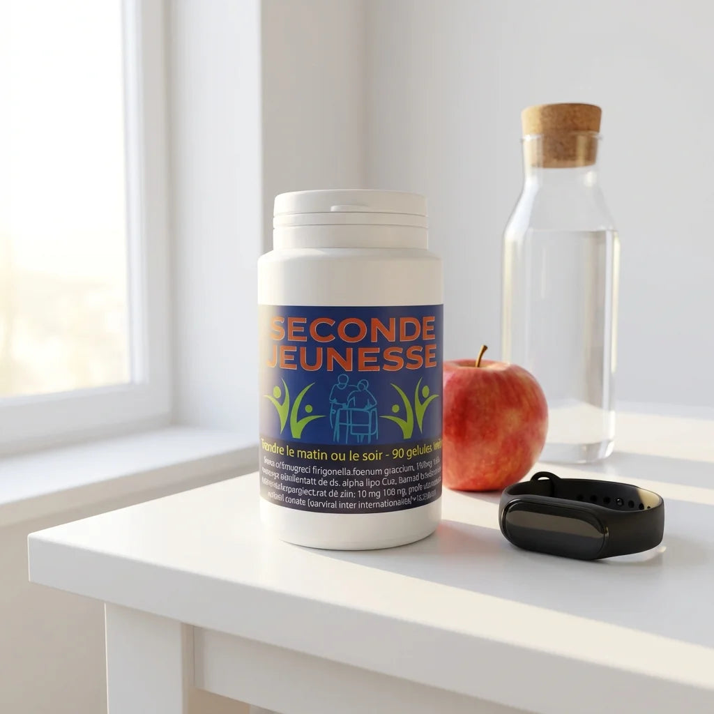 Seconde Jeunesse 90 gélules sur bureau avec pomme et accessoires wellness