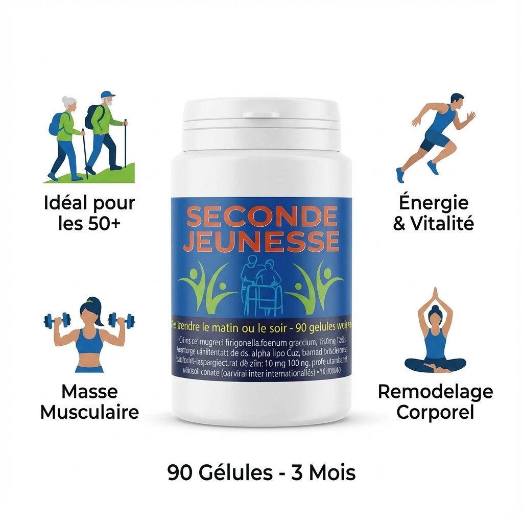 Seconde Jeunesse 90 gélules flacon avec icônes démographiques seniors athlètes vitalité musculaire