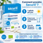 Securil probiotiques bio 30 gélules Yalacta avec guide d'utilisation et dosage recommandé