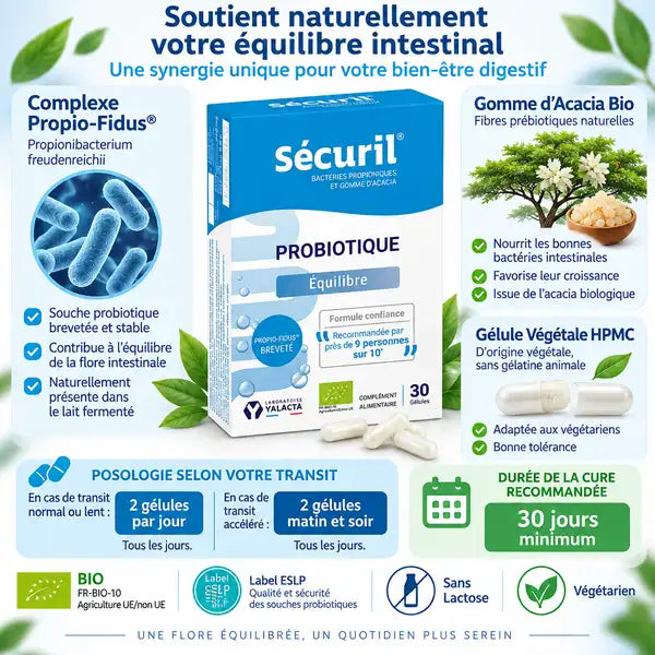 Securil probiotiques bio Yalacta 30 gélules avec ingrédients actifs et certifications biologiques
