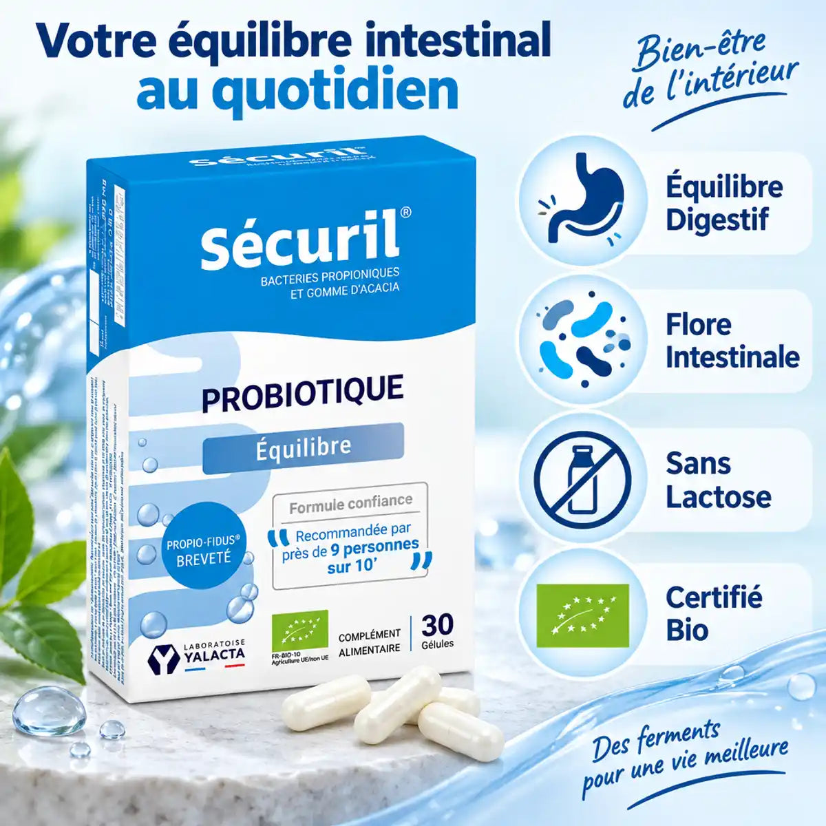 Securil probiotiques bio en gélules avec bénéfices digestifs, flore intestinale et certification bio