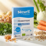 Securil® probiotiques bio en gélules avec boîte bleue et ingrédients naturels
