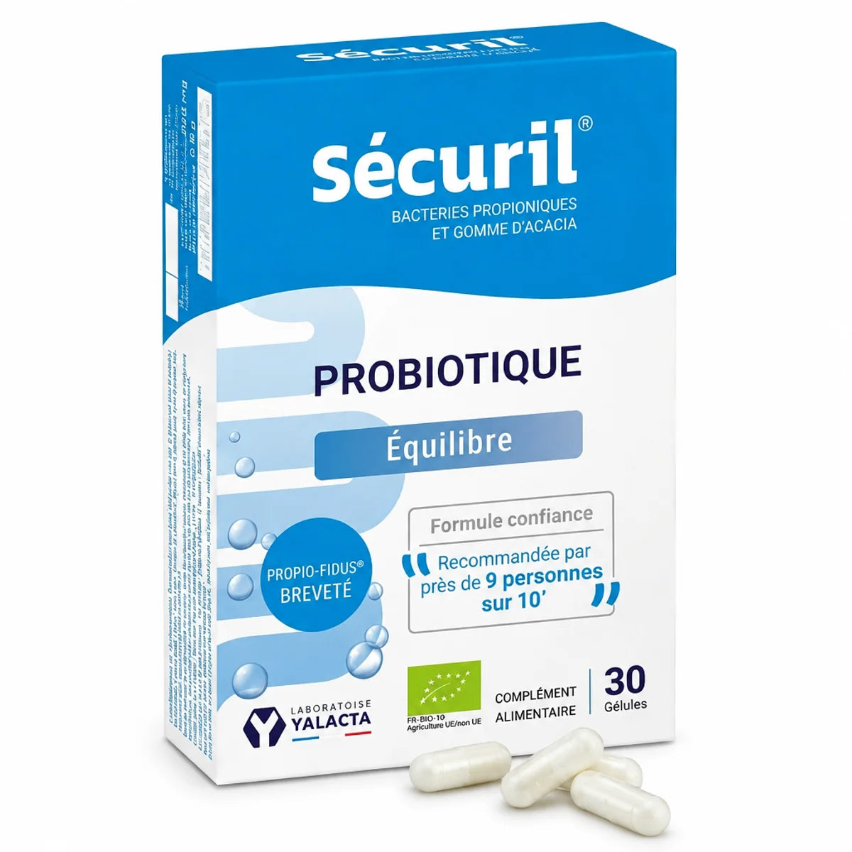 Boîte Securil® probiotiques bio Yalacta avec gélules végétales, packaging bleu et blanc