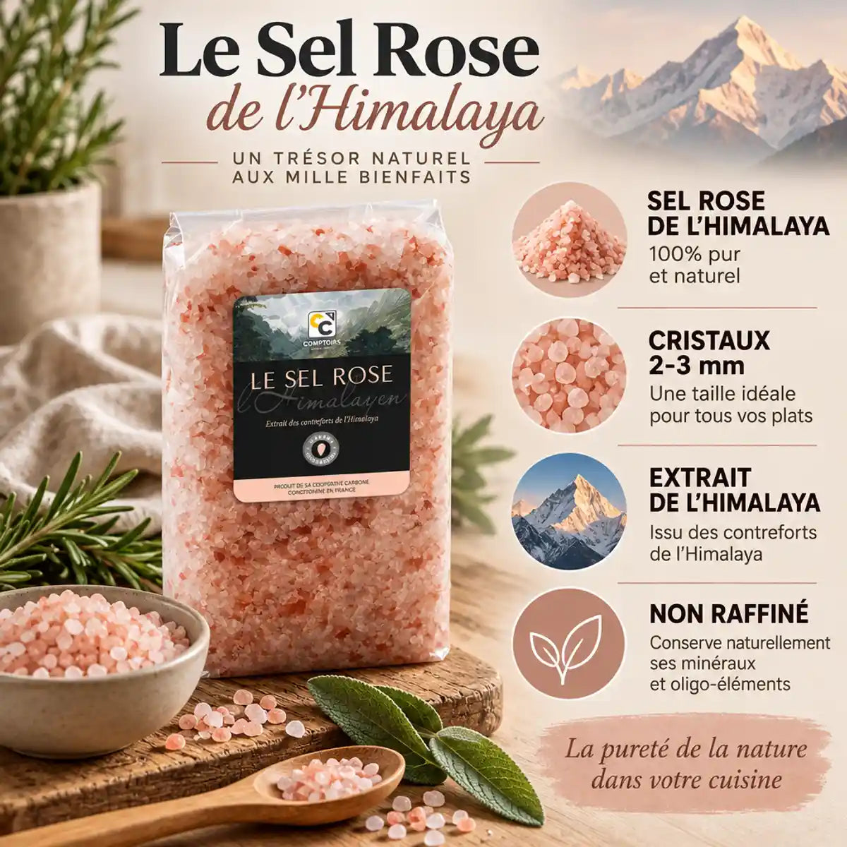 Sel rose cristaux 1kg Comptoirs et Compagnies - Himalaya pur non raffiné