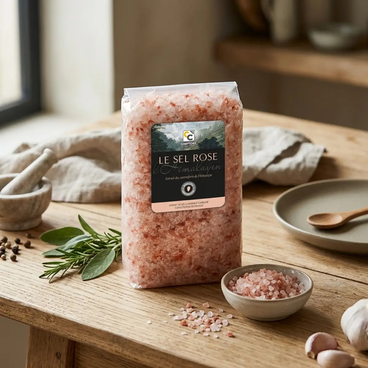 Sel Rose Cristaux 1kg Himalaya - Sachet premium avec herbes et ingrédients culinaires sur table bois