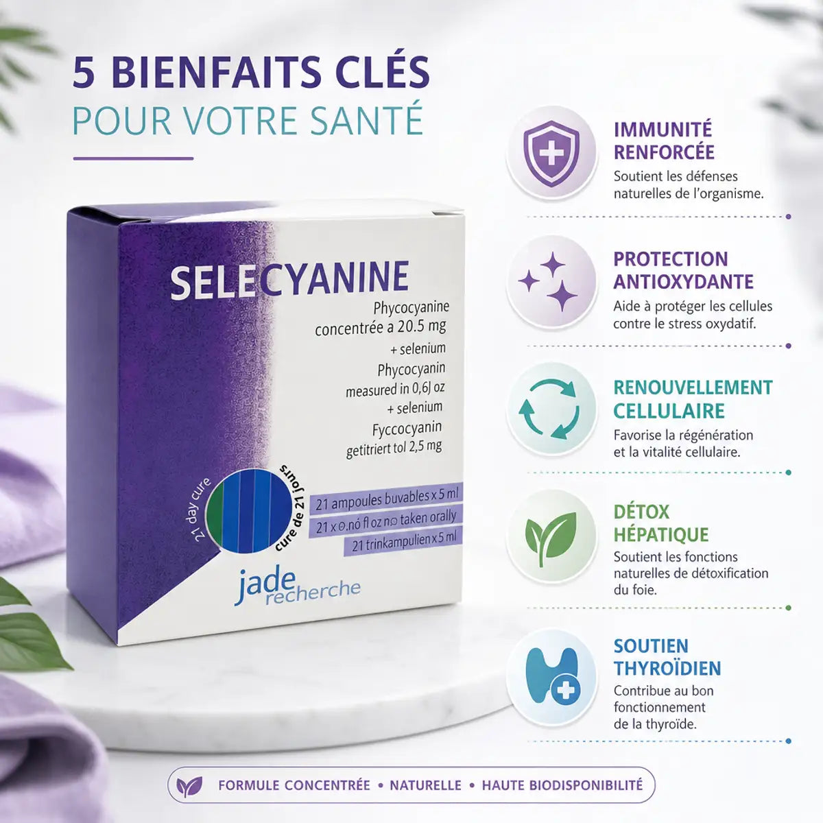 Sélecyanine phycocyanine 20,5 mg - boîte 21 ampoules avec infographie bénéfices santé