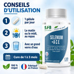 Selenium + ACE SFB 120 gélules : bouteille et guide en 3 étapes, 1 gélule par jour au repas avec un grand verre d'eau