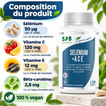 Flacon SFB Selenium + ACE 120 gélules à côté d'une infographie : sélénium, vitamines C, E et bêta-carotène, 100 % vegan