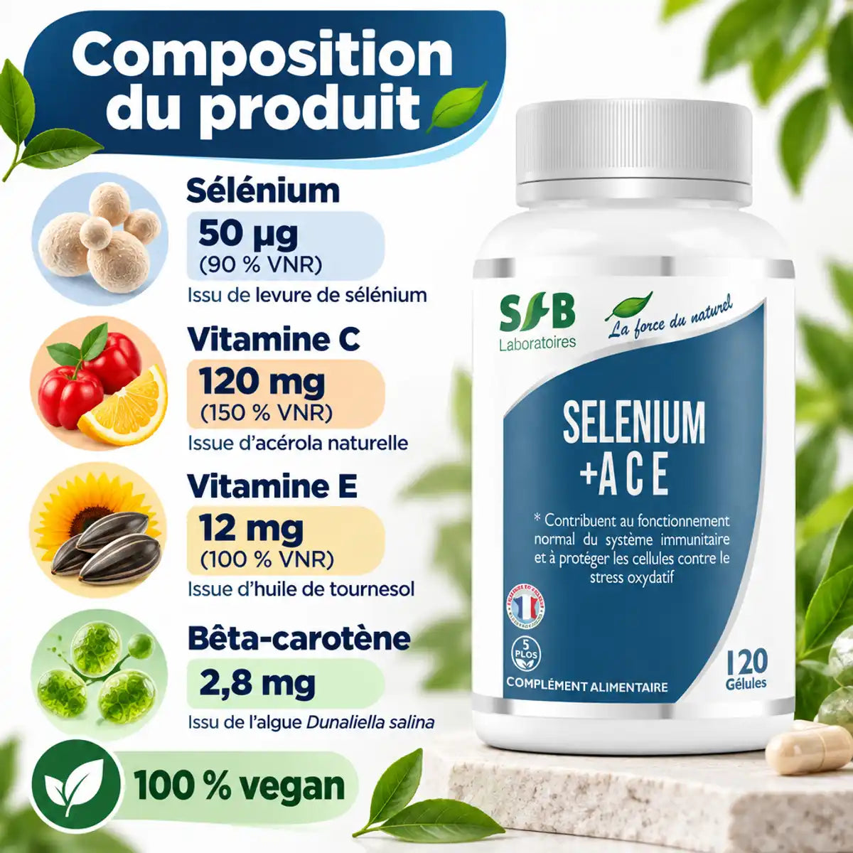 Flacon SFB Selenium + ACE 120 gélules à côté d'une infographie : sélénium, vitamines C, E et bêta-carotène, 100 % vegan