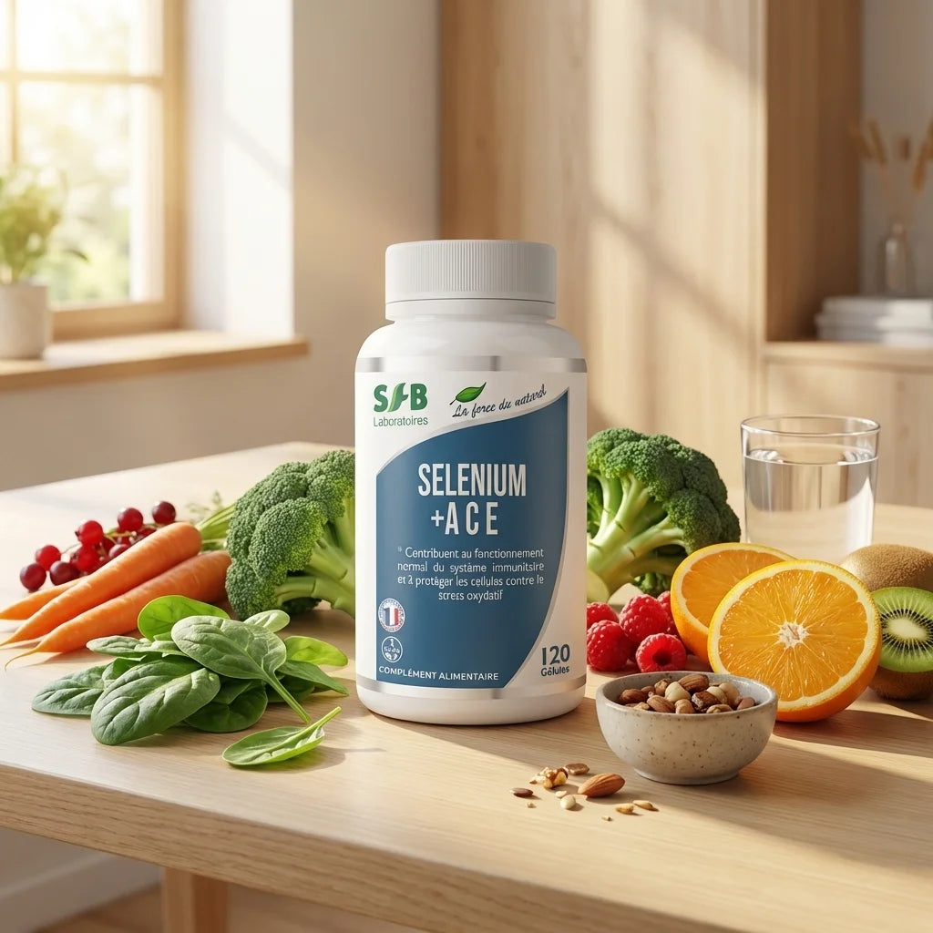 Selenium + ACE 120 gélules SFB avec fruits et légumes antioxydants sur bureau wellness