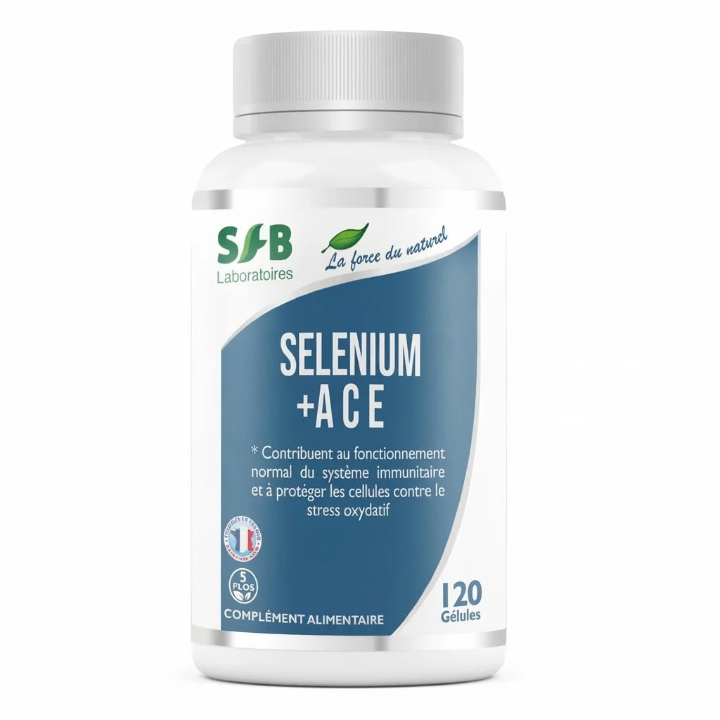 Flacon Selenium + ACE 120 gélules SFB supplément nutritionnel fond blanc