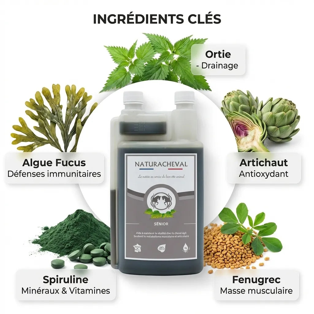 Sénior Cheval complément 1L avec ingrédients ortie artichaut spiruline pour chevaux âgés