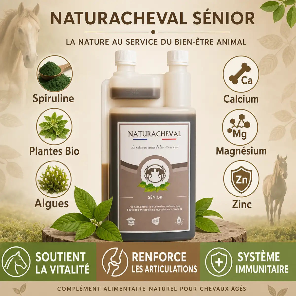 Sénior Cheval 1L Naturacheval - Complément équin avec spiruline, calcium et magnésium