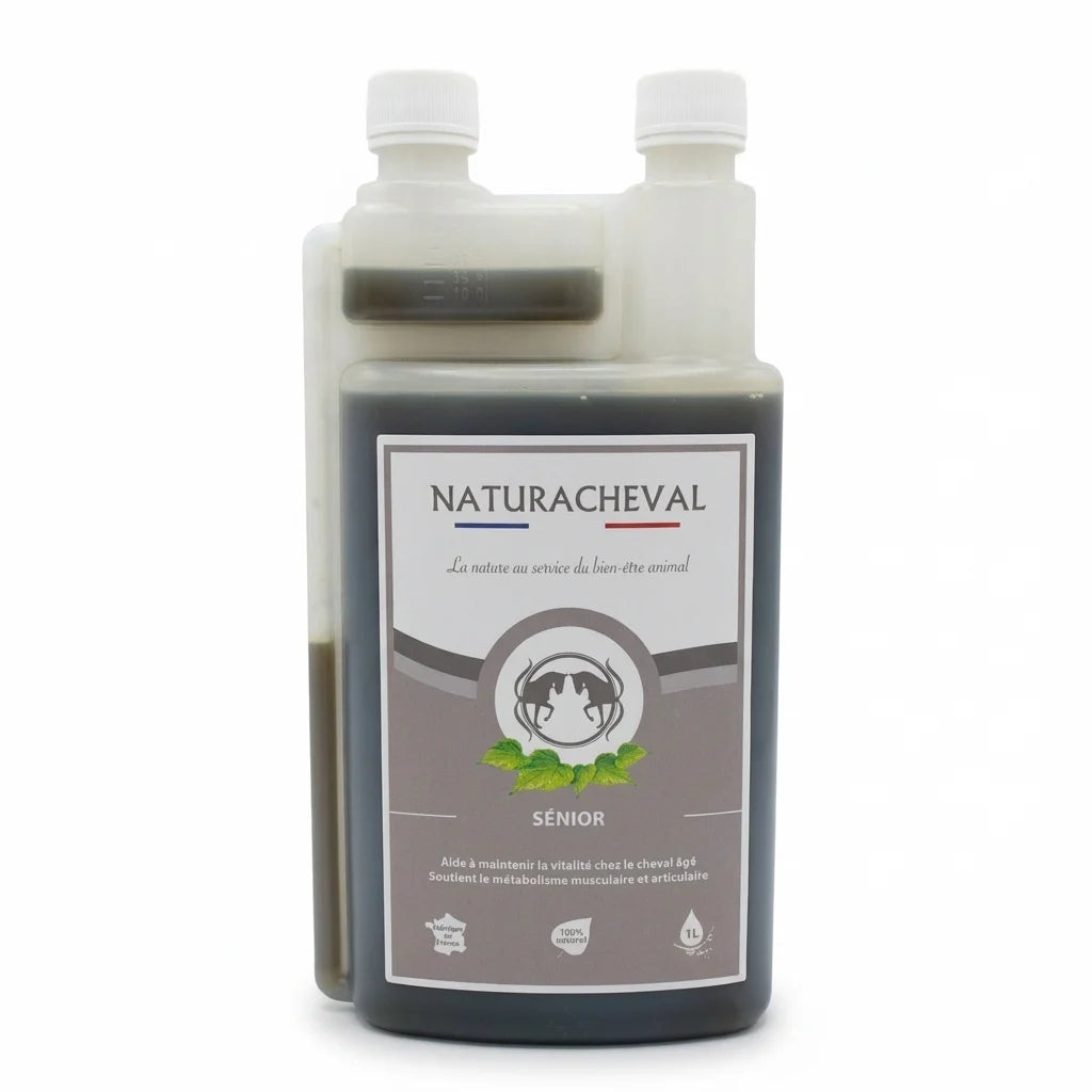 Sénior Cheval complément liquide 1L Naturacheval pour chevaux âgés avec pompe doseuse