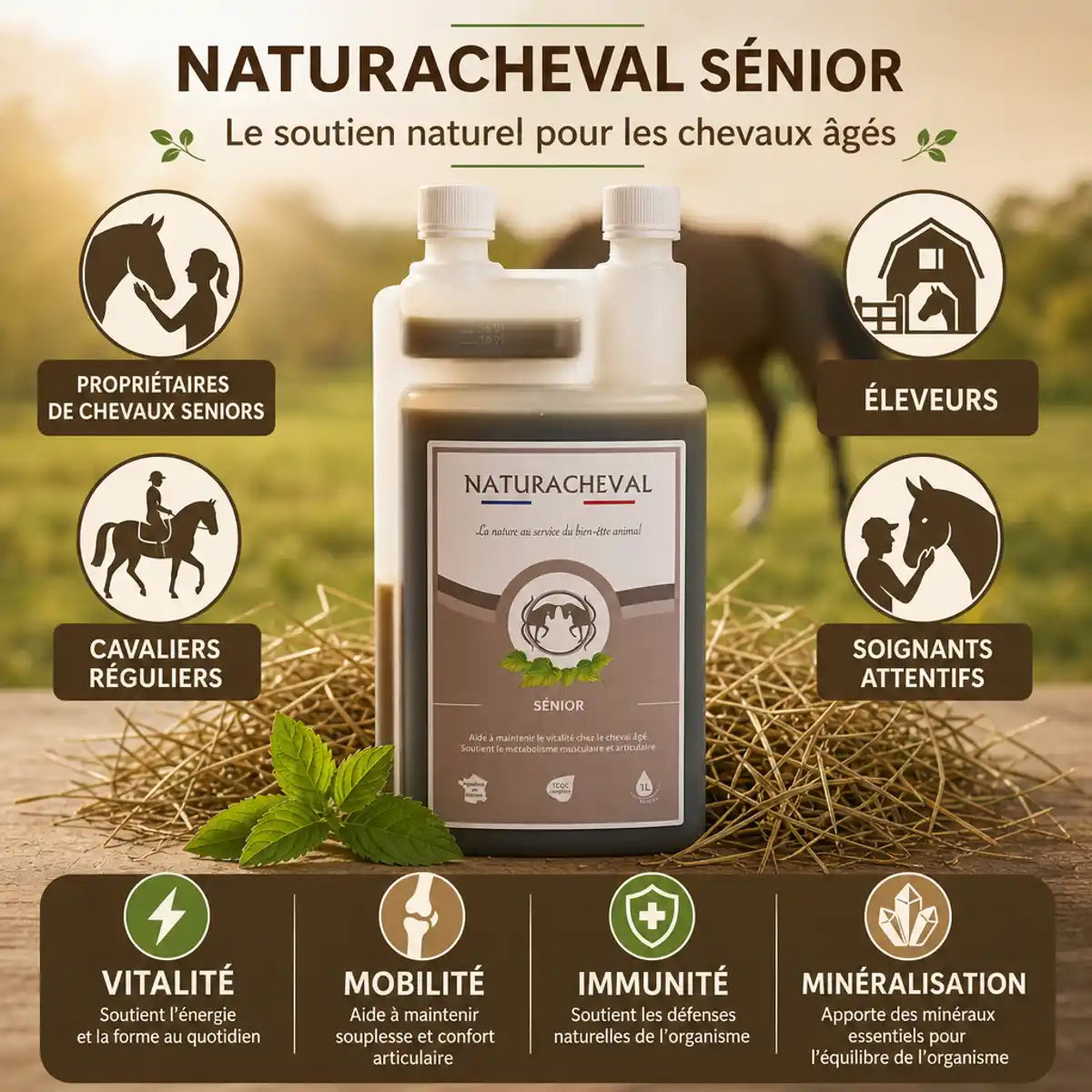 Complément Sénior Cheval 1L Naturacheval pour vitalité et mobilité des chevaux âgés