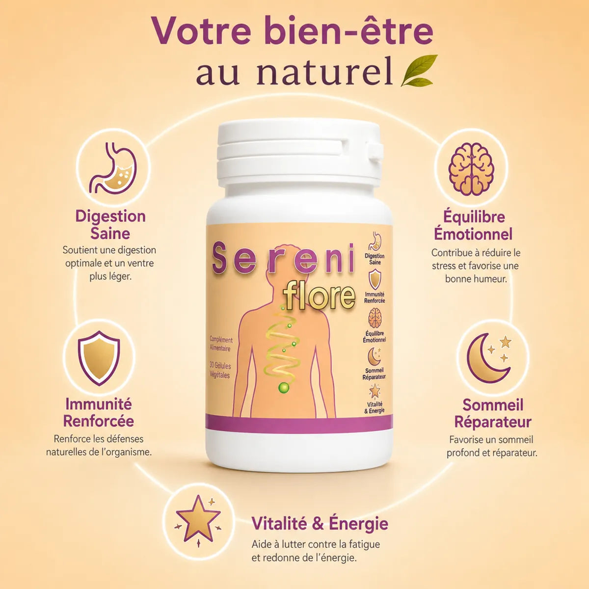 Séréniflore probiotiques 60 gélules avec bénéfices digestifs, immunitaires et sommeil réparateur