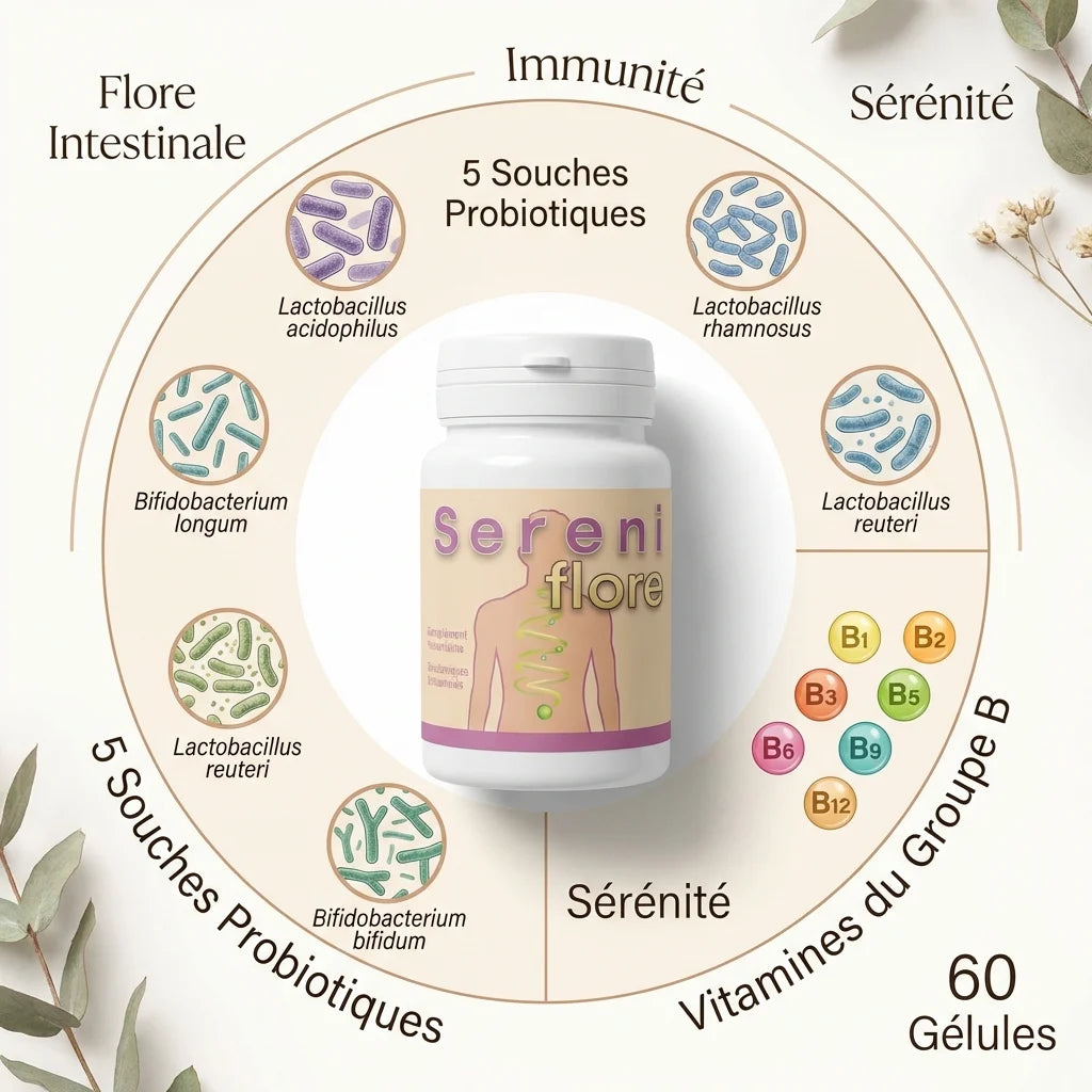 Séréniflore probiotiques 60 gélules Jade Recherche avec 5 souches et vitamines B pour flore intestinale