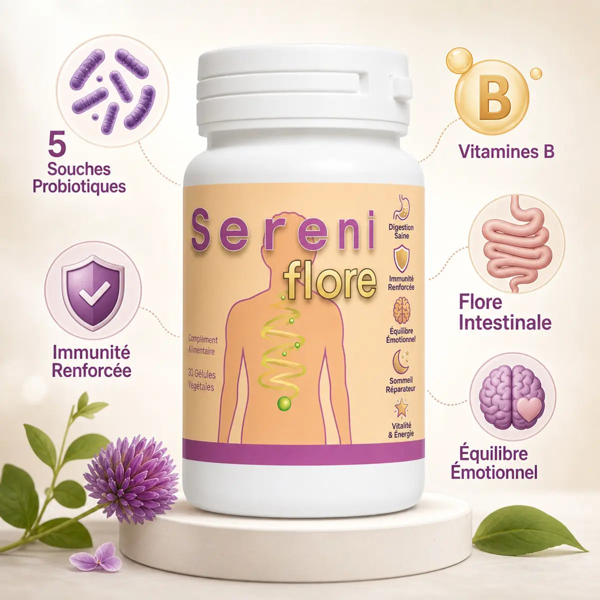 Séréniflore probiotiques 60 gélules avec 5 souches, vitamines B et flore intestinale