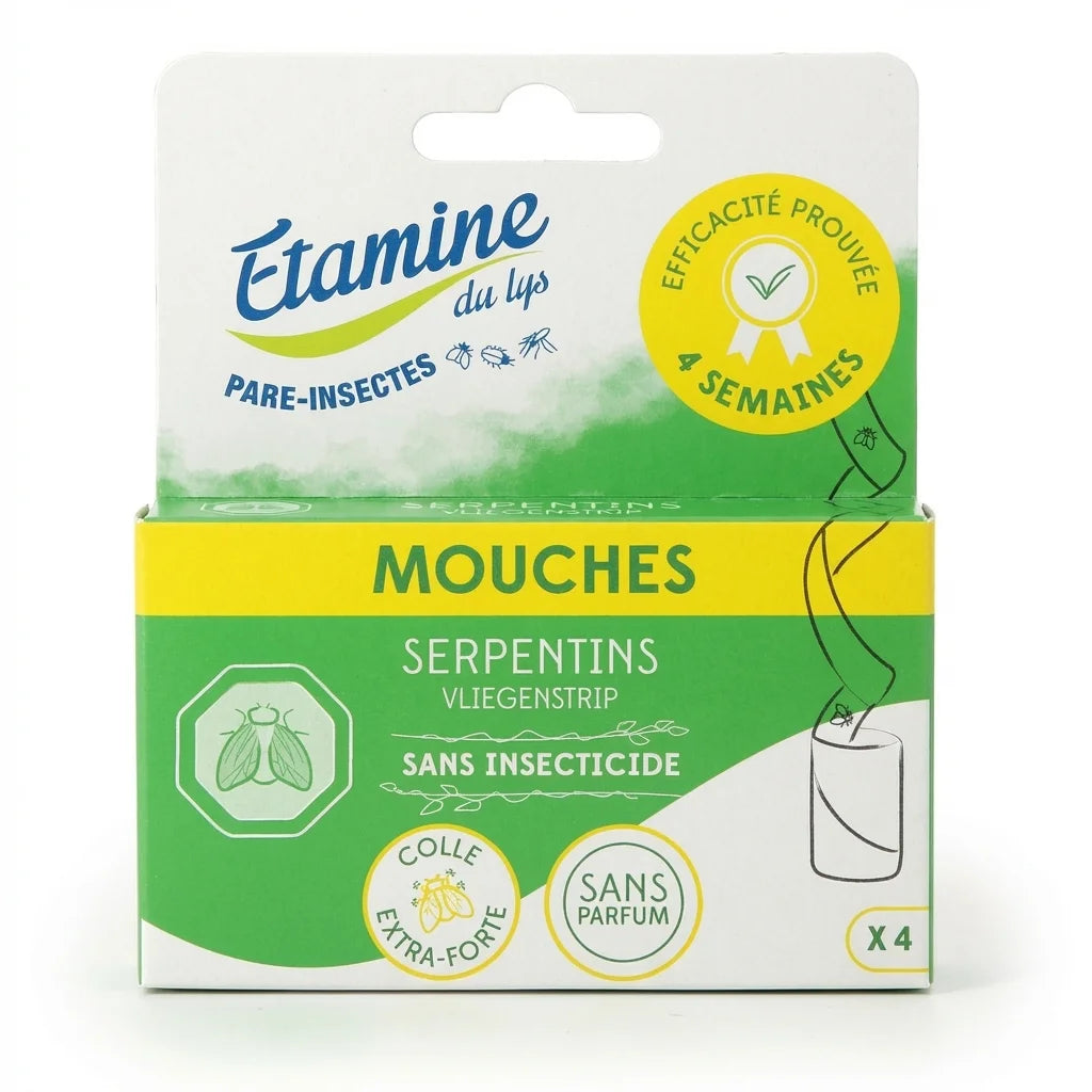 Serpentins Attrape-Mouches Etamine du Lys lot de 4 sans insecticide sur fond blanc