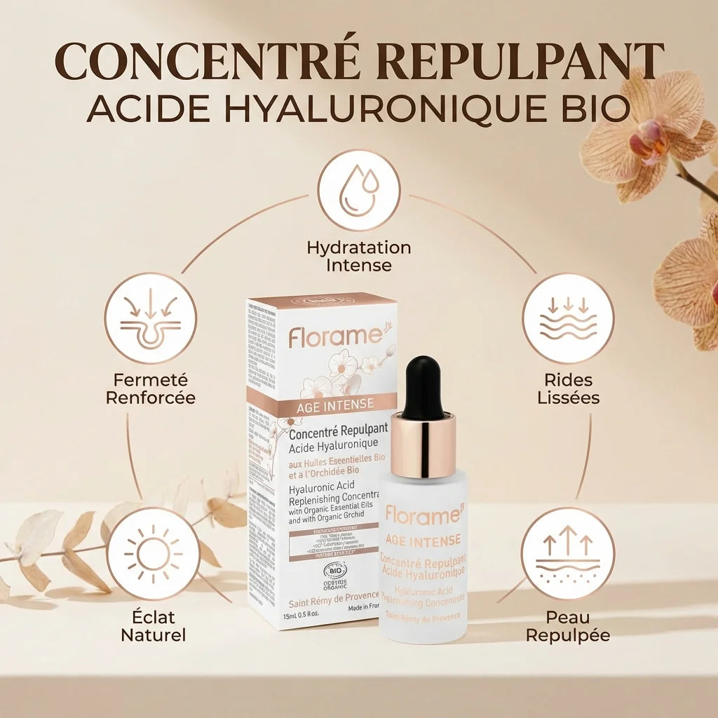 Sérum acide hyaluronique bio Florame 15ml avec ses 5 bénéfices : hydratation, rides lissées, repulpement, éclat et fermeté