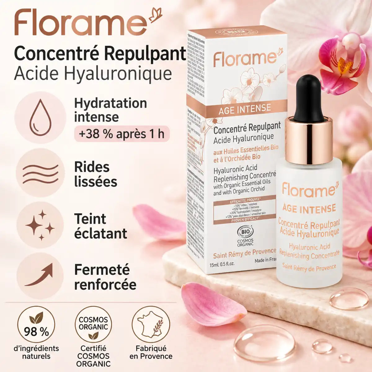 Concentré repulpant acide hyaluronique Bio Florame Âge Intense 15 ml, flacon et boîte sur fond rose pastel