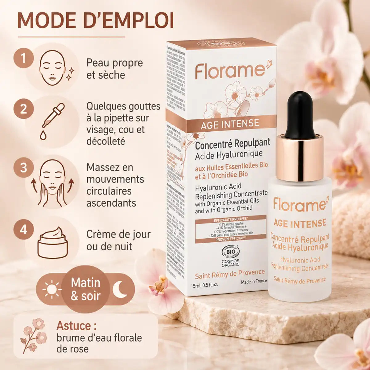 Sérum Florame Acide Hyaluronique Bio 15 ml : flacon compte-gouttes et mode d'emploi en 4 étapes pour un soin repulpant