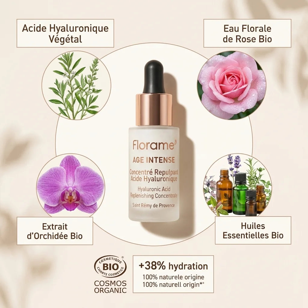 Sérum Acide Hyaluronique Bio Florame flacon 15ml avec ingrédients botaniques et certification Cosmos Organic