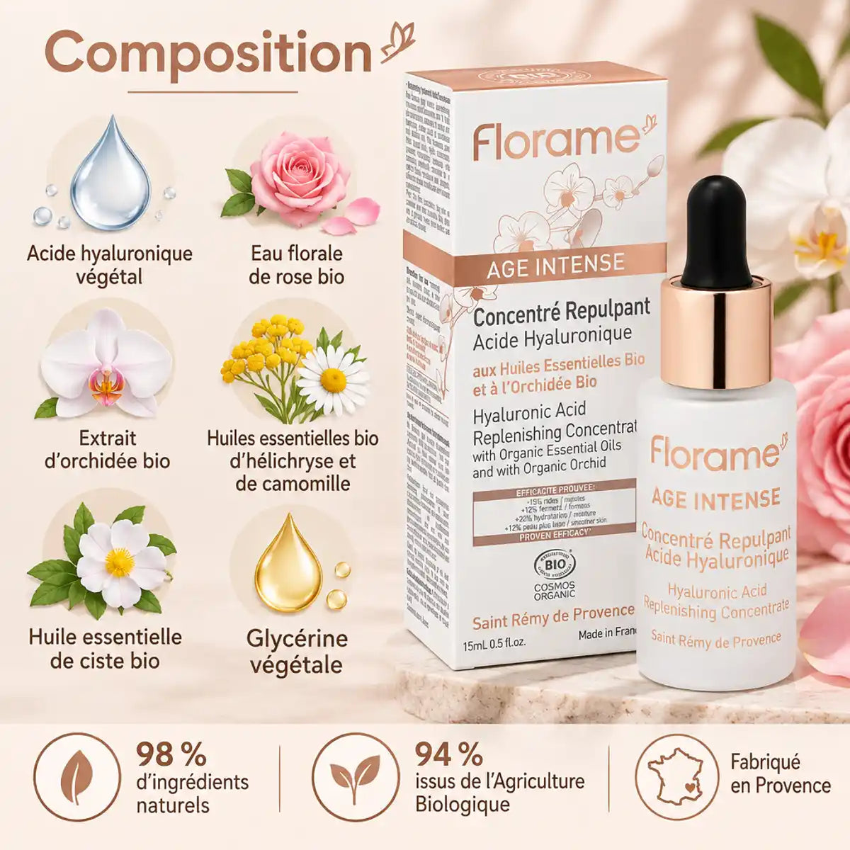 Sérum Florame Âge Intense acide hyaluronique bio 15 ml, avec ingrédients botaniques : rose, orchidée, camomille, hélichryse et ciste