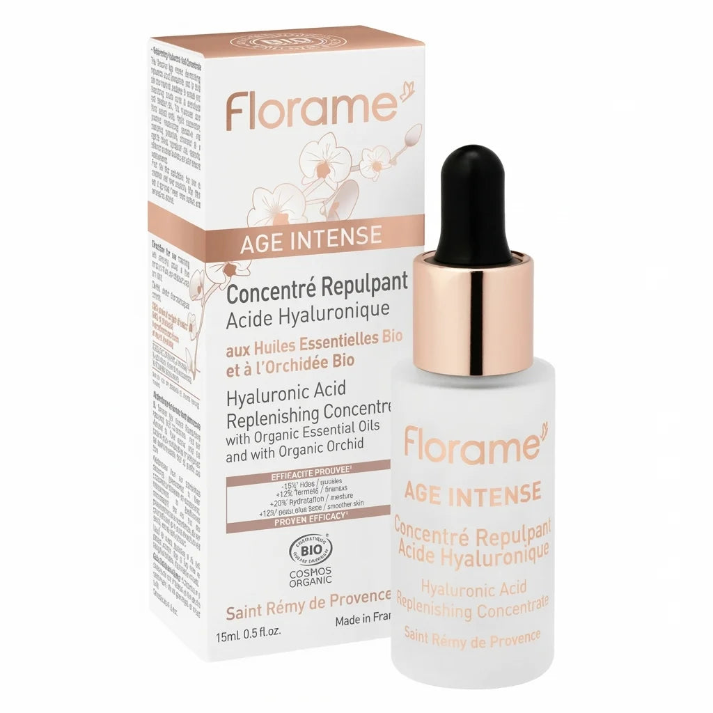 Sérum Acide Hyaluronique Bio Florame 15ml flacon verre dépoli avec pipette rose doré