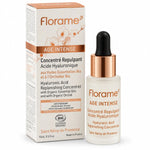 Sérum Florame Age Intense à l'acide hyaluronique bio, flacon compte-gouttes 15 ml et boîte crème cuivrée
