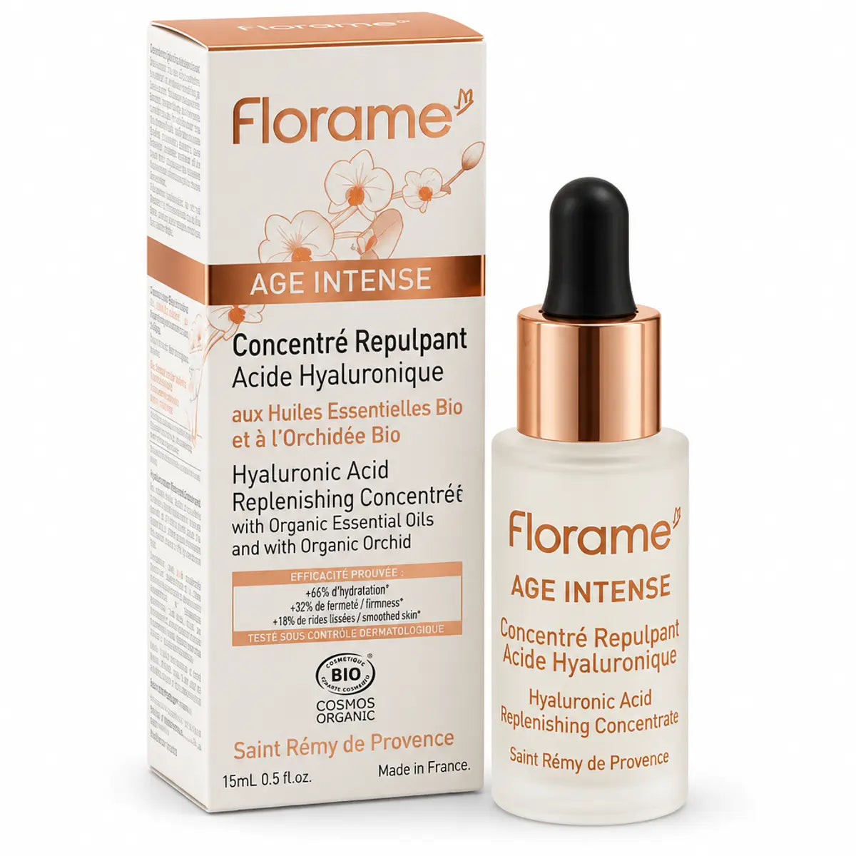 Sérum Florame Age Intense à l'acide hyaluronique bio, flacon compte-gouttes 15 ml et boîte crème cuivrée