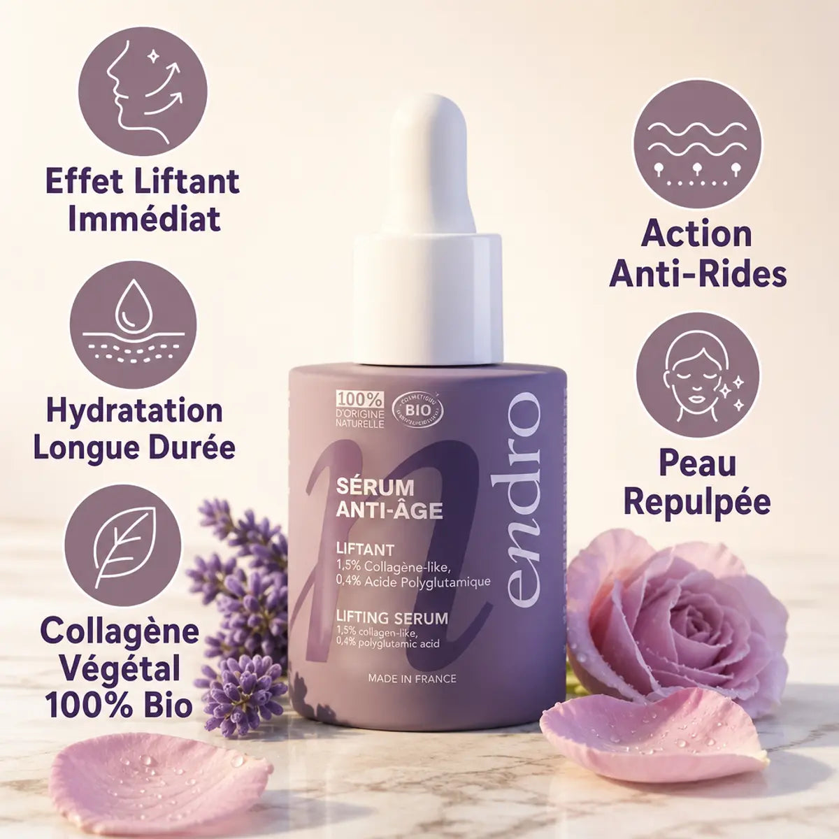 Sérum anti-âge collagène Endro 30mL avec bénéfices liftants et hydratants affichés