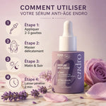 Sérum anti-âge collagène Endro 30mL avec guide d'utilisation et fleurs lavande sur marbre