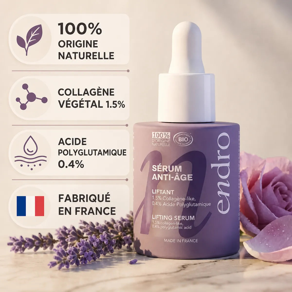 Sérum anti-âge Endro collagène liftant 30ml sur marbre avec fleurs lavande