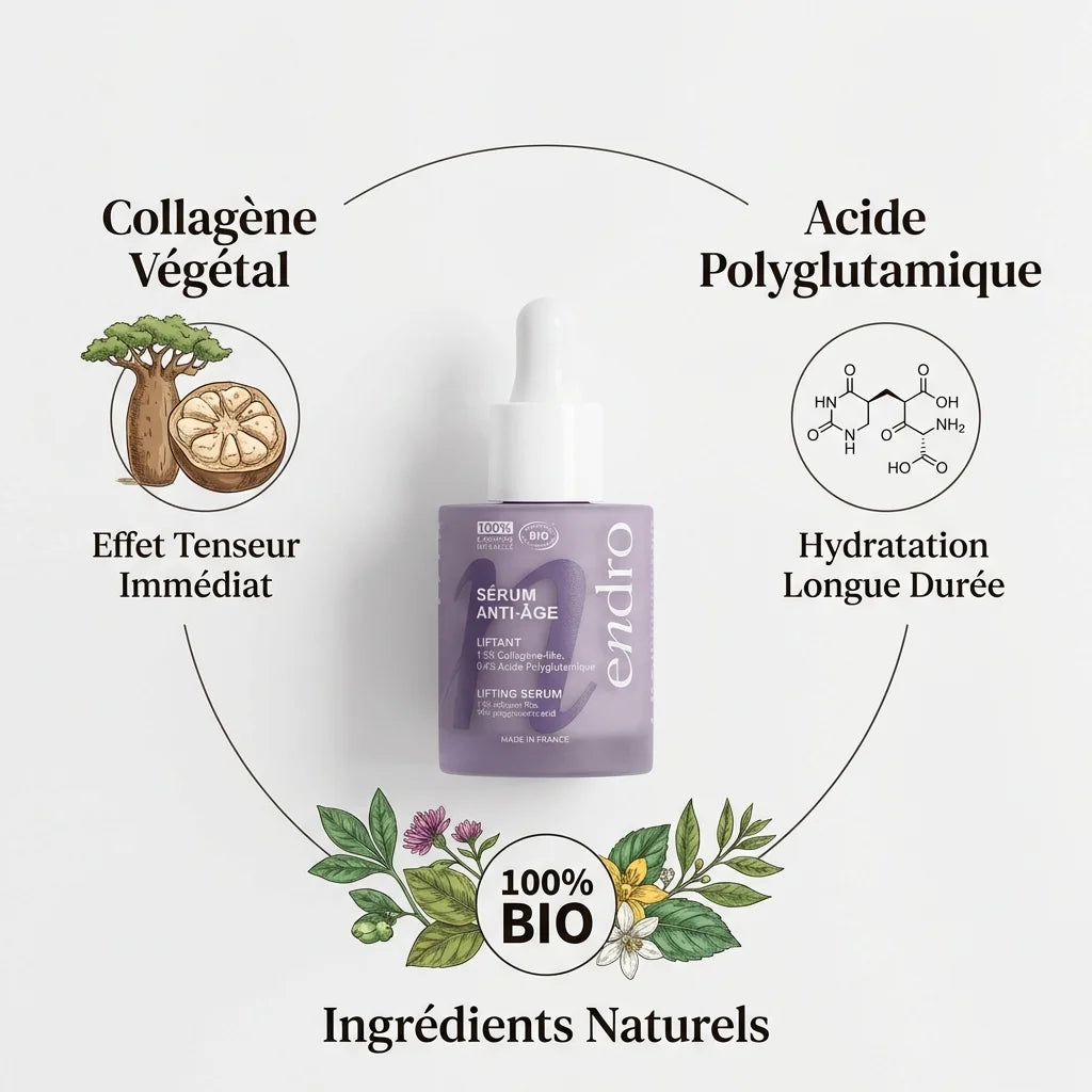 Sérum anti-âge liftant Endro au collagène végétal, flacon 30 mL avec ingrédients naturels