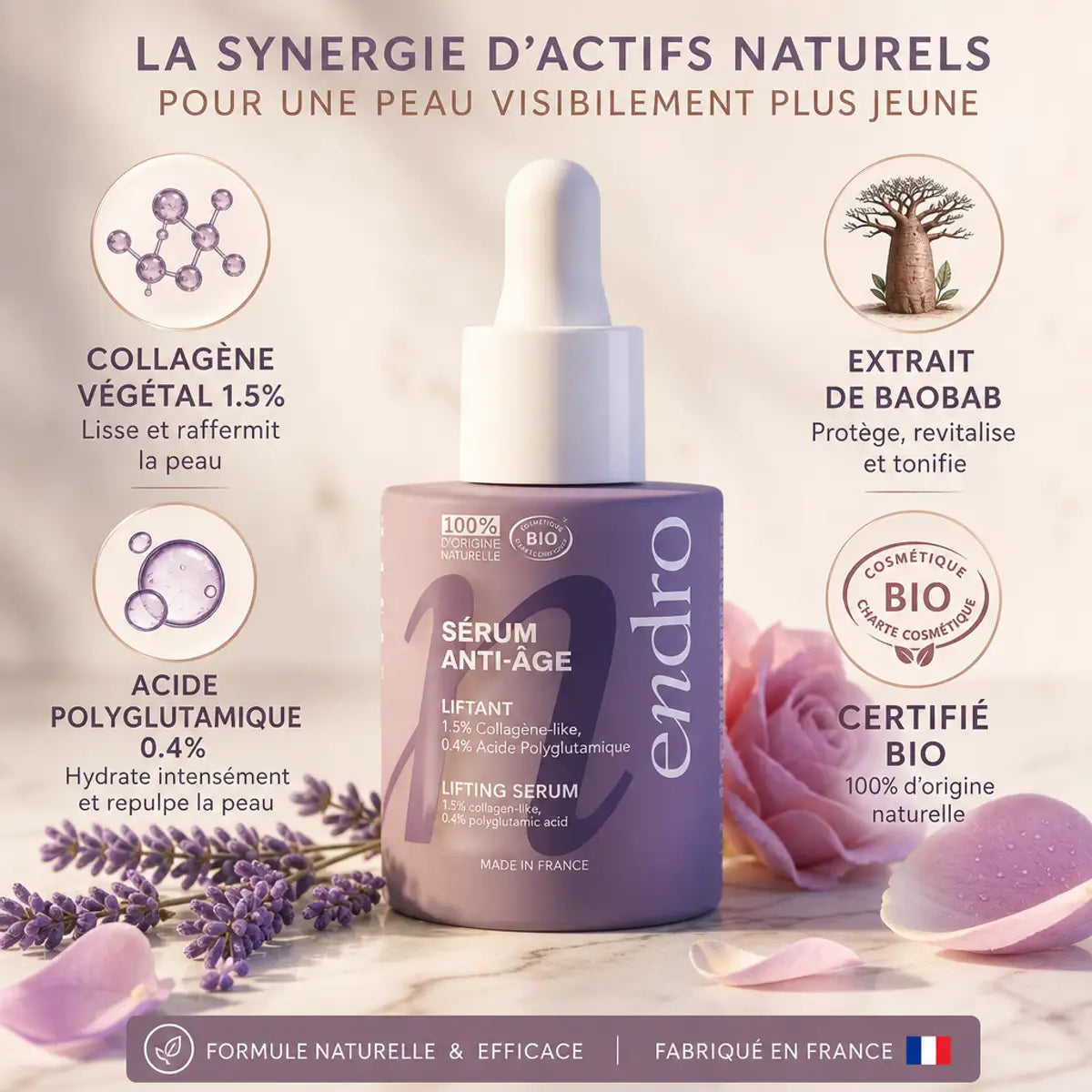 Sérum anti-âge collagène liftant Endro 30 mL avec ingrédients actifs et certifications bio