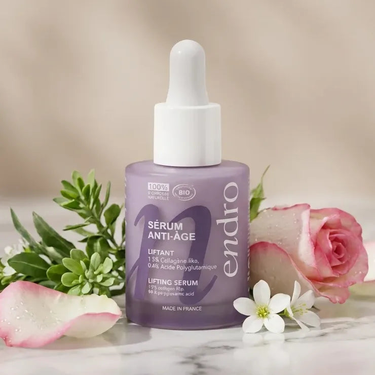 Sérum Anti-Âge Collagène Liftant Endro 30mL avec flacon verre et pipette sur marbre