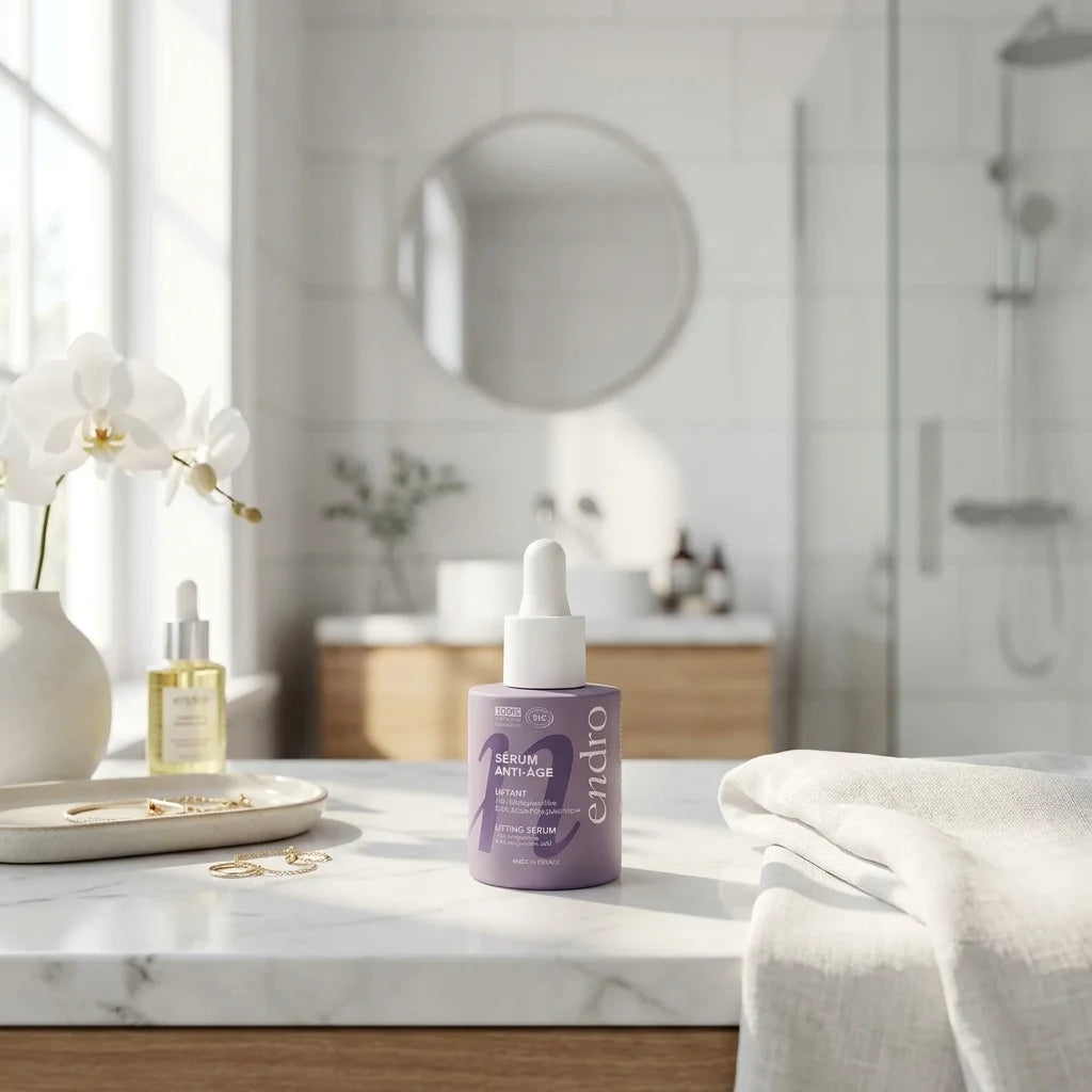 Sérum Anti-Âge Collagène Liftant Endro 30mL sur vanity luxe fond lavande