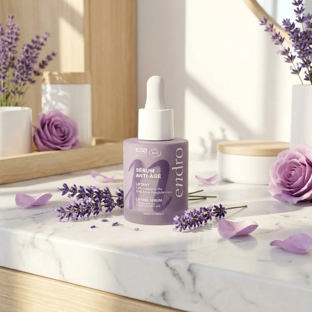 Sérum anti-âge collagène Endro 30ml sur marbre avec lavande et roses, esthétique luxe